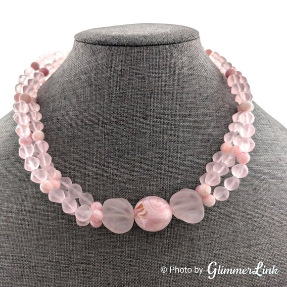 Vintage 90s AVON Sheer Style Frosted Pink Plastic Lucite Triple Strand Necklace - Picture 2 of 9